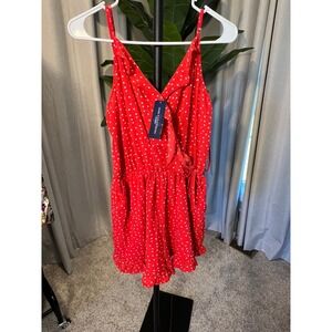 NWT One Clothing Red Polka Dot Romper Womens Large Ruffle Hem V-Neck